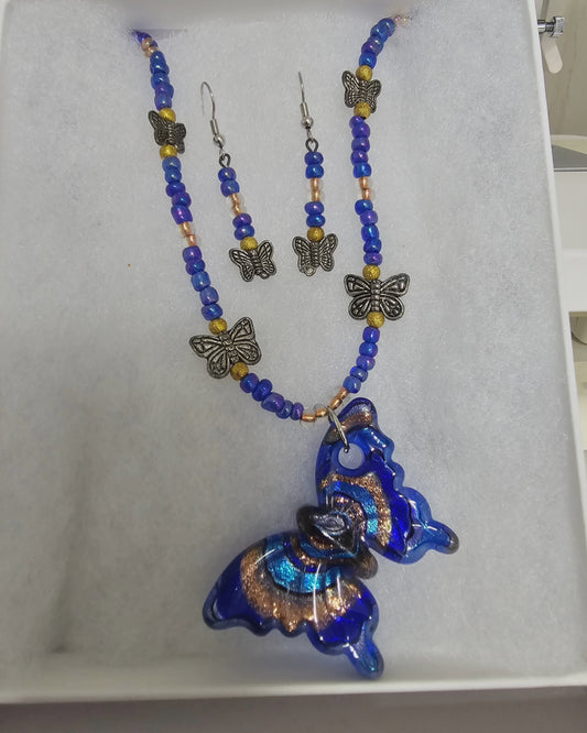 Blue Butterfly Necklace Set